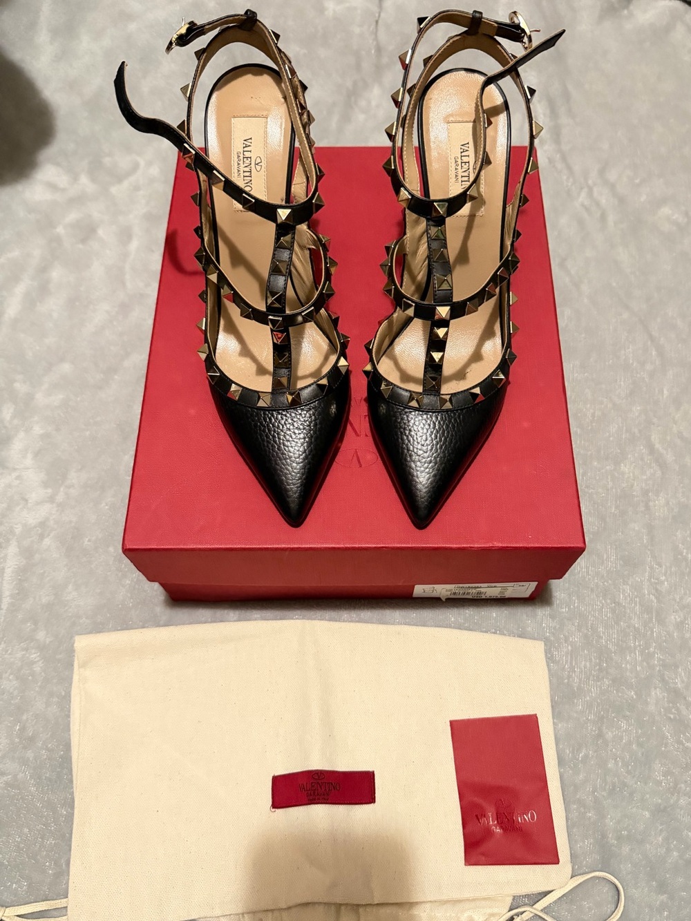 Valentino Black Leather Rockstud T-Strap Pointed Pumps
